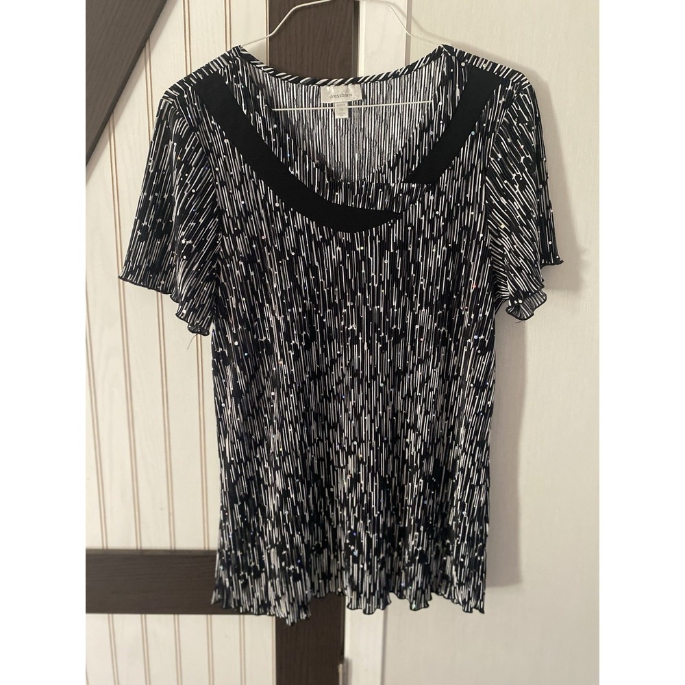 Dressbarn Vintage Pleated Blouse 1X Black White Rhinestone Flutter Sleeve Top